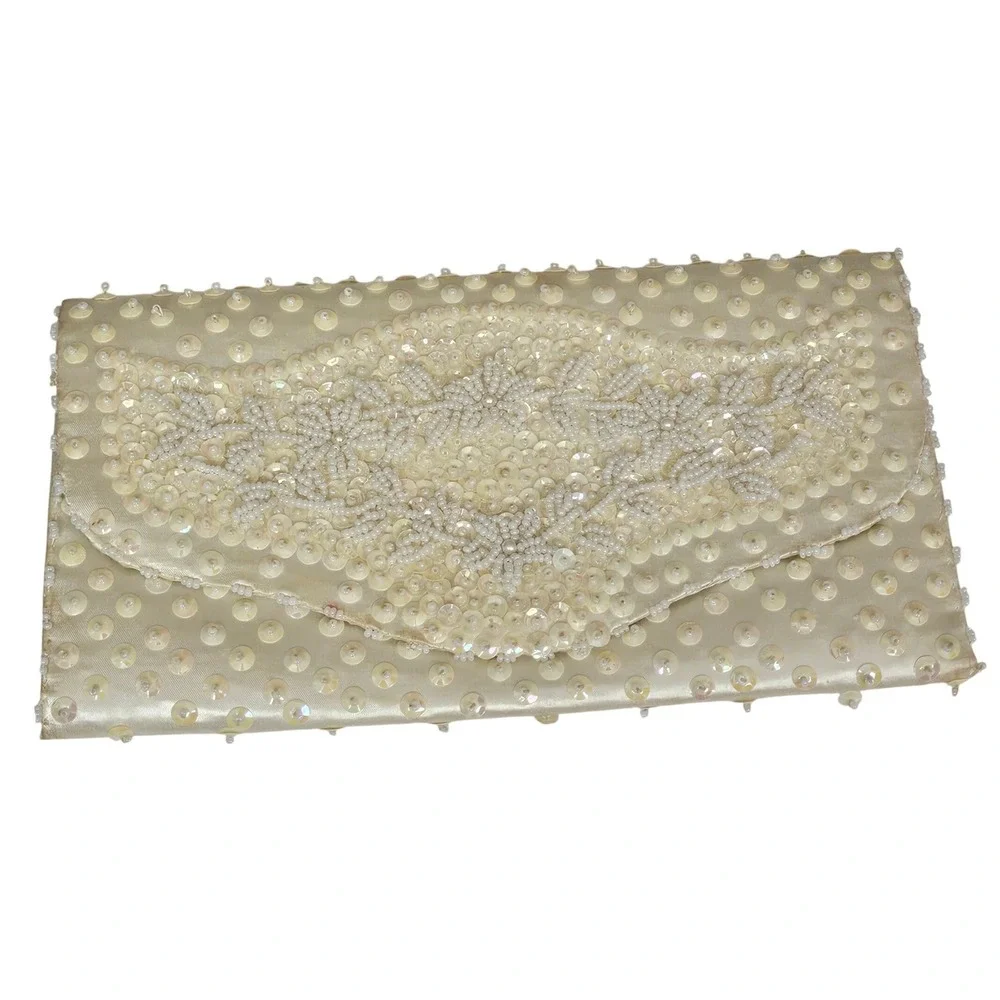 Vintage Ivory‎ Beaded Satin Clutch Purse Handmade Hong Kong Bridal Evening Bag